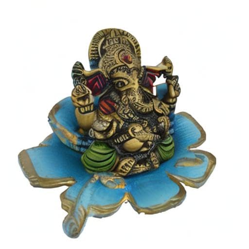 Ecraftindia Metal Lord Ganesha Statue On Sky Blue Leaf (Lxwxh - 4Inx4Inx3In)